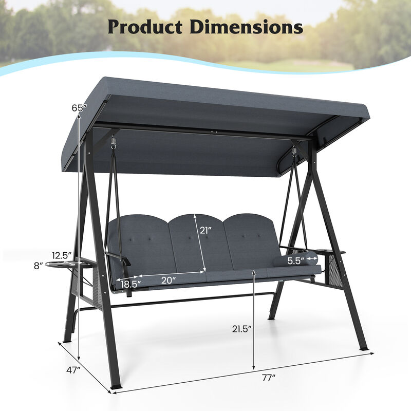 3-Person Patio Swing Chair with Canopy, Pillow and Foldable Side Trays image number 2