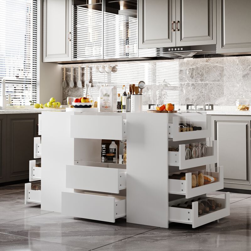 FUFU&GAGA White 14-Drawer Kitchen Island with Wooden Shelf, P2 MDF Construction, and Tempered Glass, (47.2"W x 23.6"D x 31.5"H), White