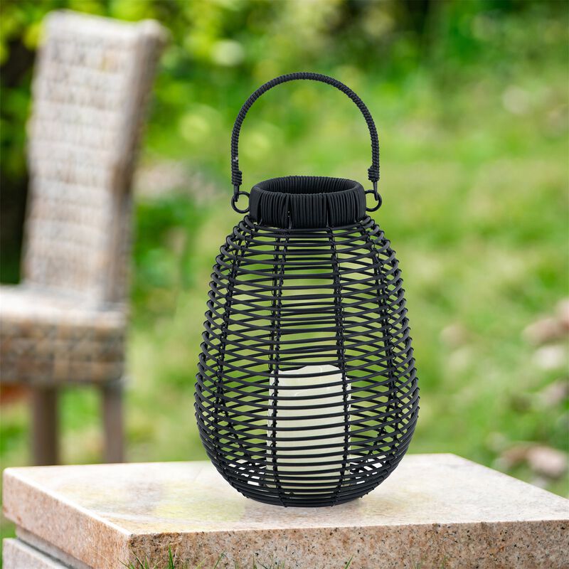 Clihome 7.9x7.9x10.6" Black Poly Rattan Lantern With White LED Candle