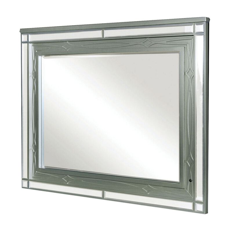 Mirror with LED and Mirrored Trim Accent, Silver-Benzara image number 1