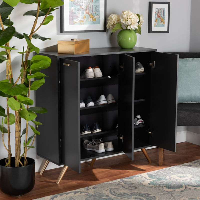 Baxton Studio Kelson Modern Dark Grey and Gold Finished Wood 3 Door Shoe Cabinet