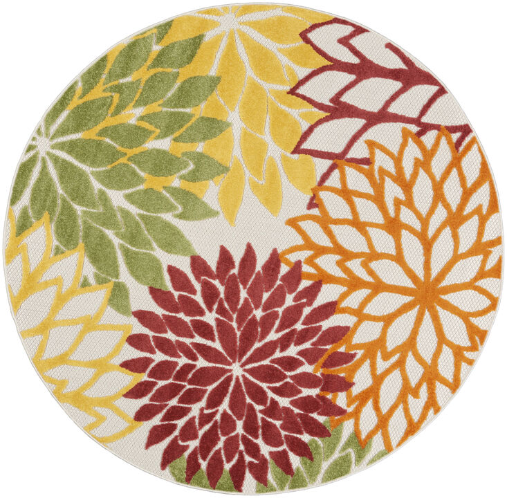 HomeRoots 4' Red Green Orange Yellow And Ivory Round Floral Indoor Outdoor Area Rug