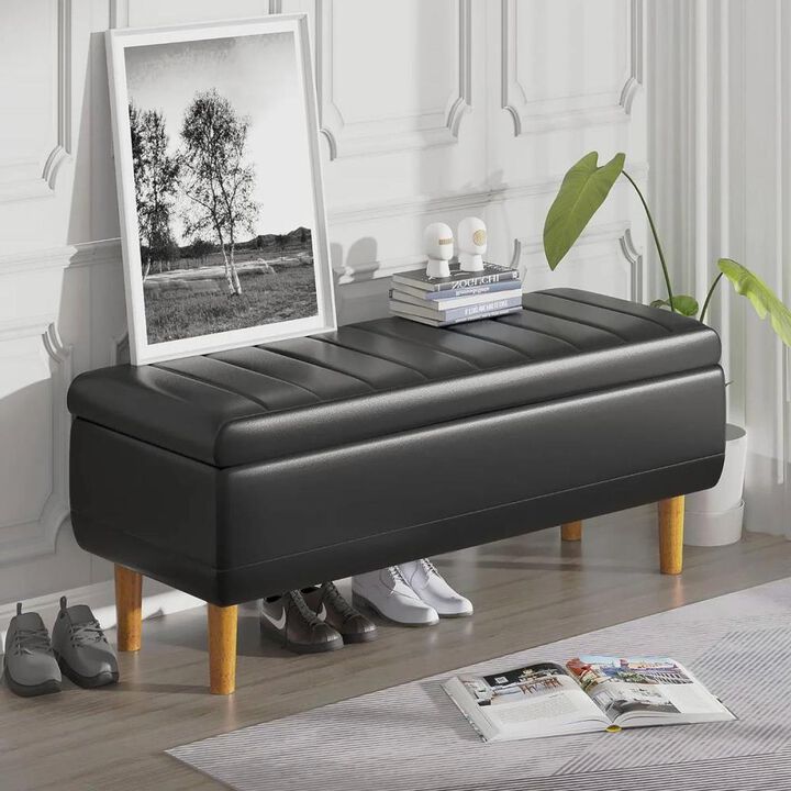 Hivvago Modern Mid-Century Black Faux Leather End of Bed Storage Bench Ottoman