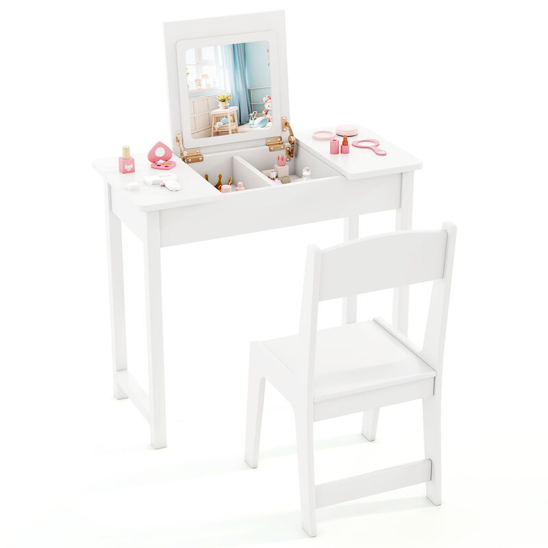 2-in-1 Kids Vanity Makeup Table and Chair Set with Flip Top Mirror