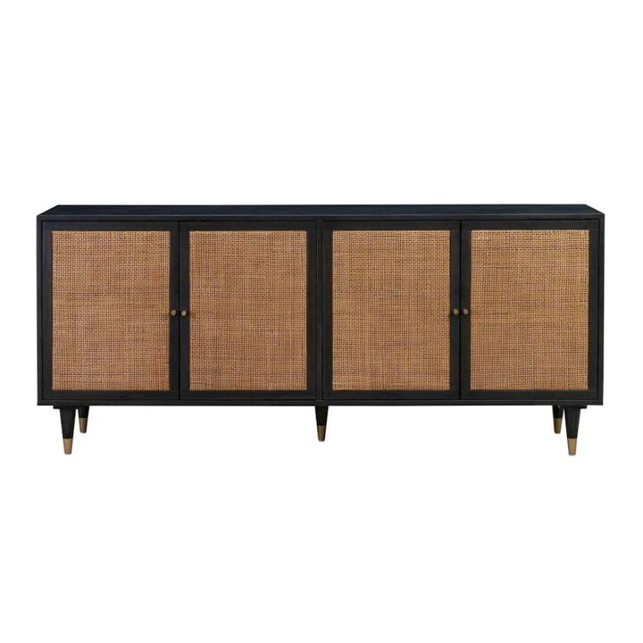 Starlight Canyon Home Black Rattan Cabinet With Doors And Brass Accents, A Boho Media Console