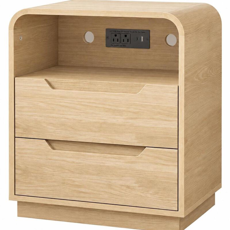 HomeRoots Ashen Fold Wood Two Drawer Nightstand with USB Port and Integrated Tech image number 2