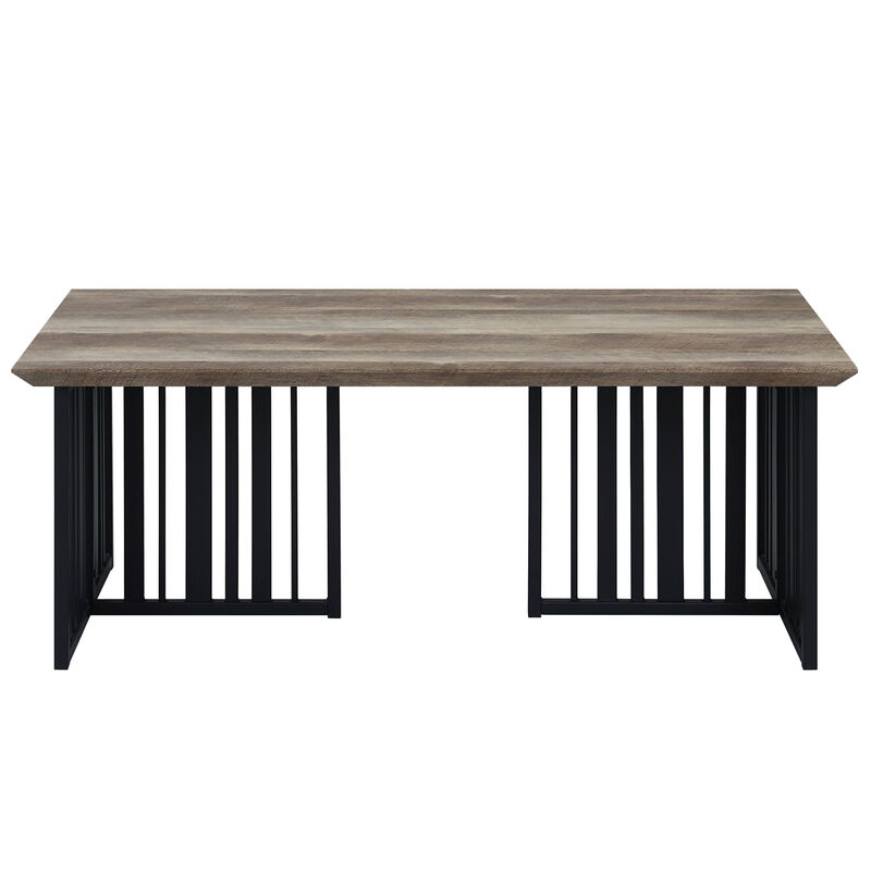 HomeRoots 47" Oak and Black Wood And Metal Distressed Frame Coffee Table image number 2