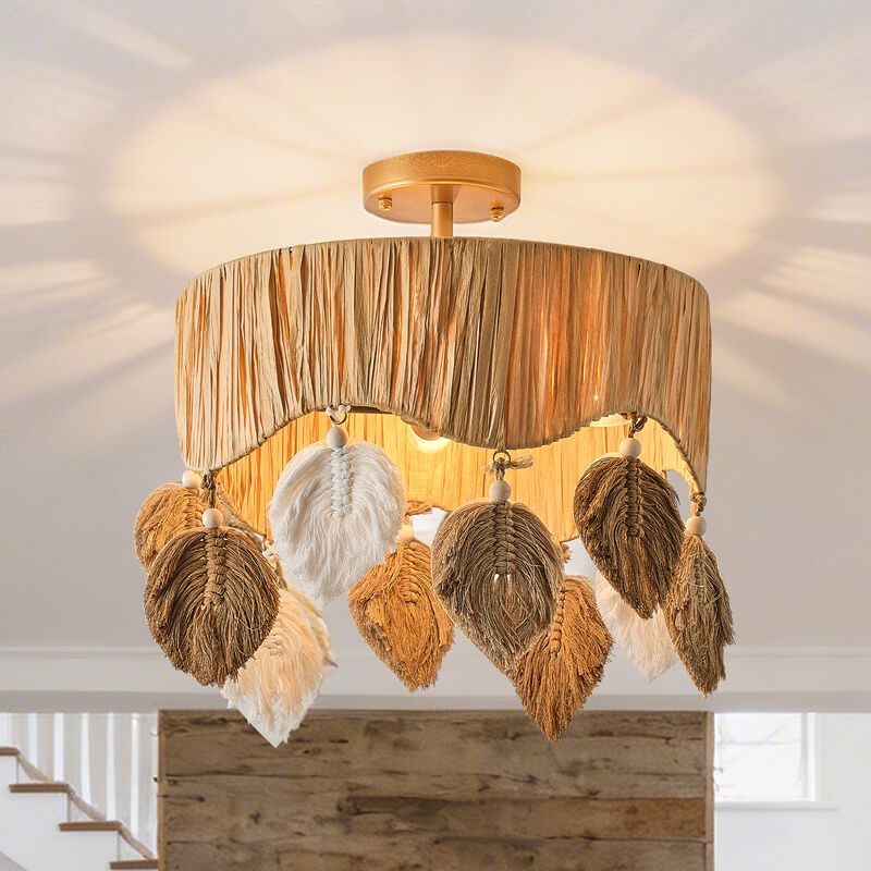 15.7" 4-Light Boho Antique Gold Handwoven Raffia Semi-Flush Mount Ceiling Light with Leaf-Shaped Cotton Cord Hanging Ornament for Bedroom, Living Room or Entryway image number 1