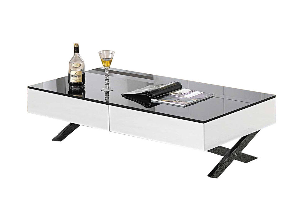 Coffee table with black glass top, white mirror glass sides, and chrome legs, 51" x 28" x16''H