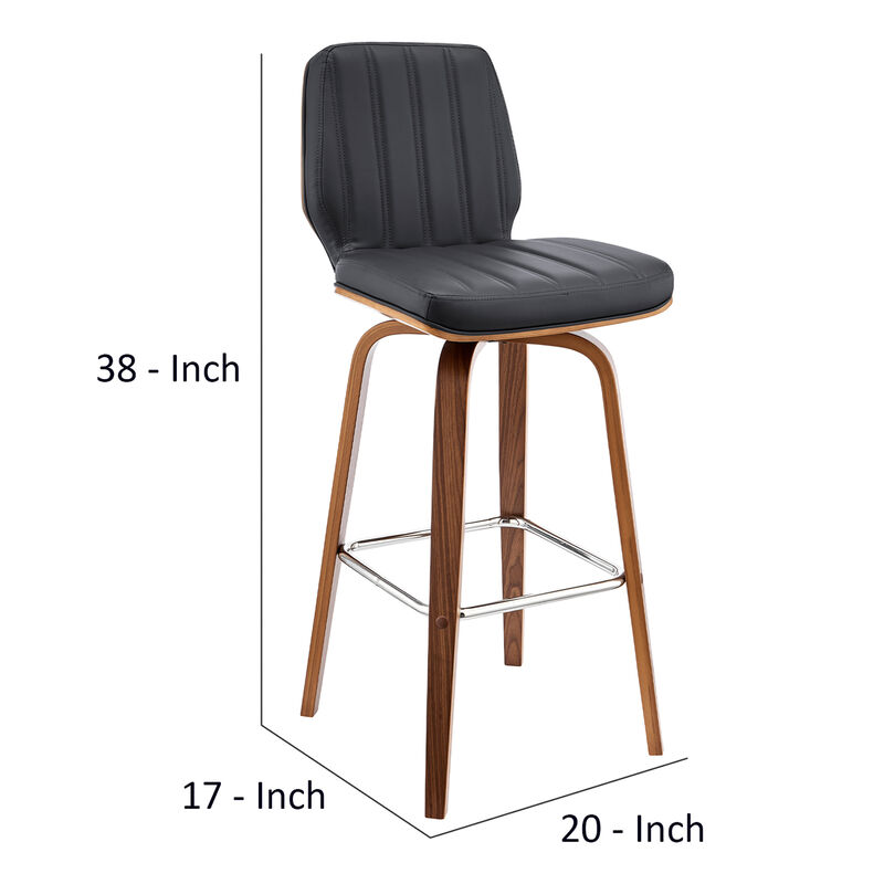 Swivel Barstool with Channel Stitching and Wooden Support, Black and Brown-Benzara image number 5
