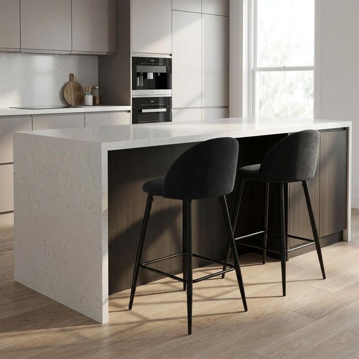 HomeRoots Set of Two 26" Blue And Black Fabric And Steel Low Back Counter Height Bar Chairs