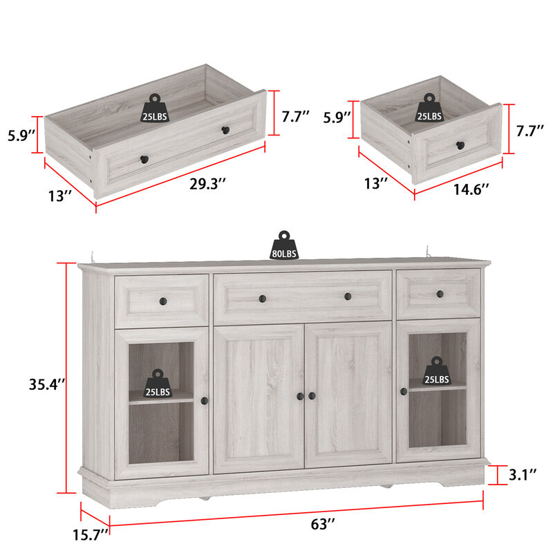 Retro Beige Light Wood Grain 35.4 in. Height Storage Cabinet, Sideboard, Food Pantry with 3-Drawer and 5-Shelf