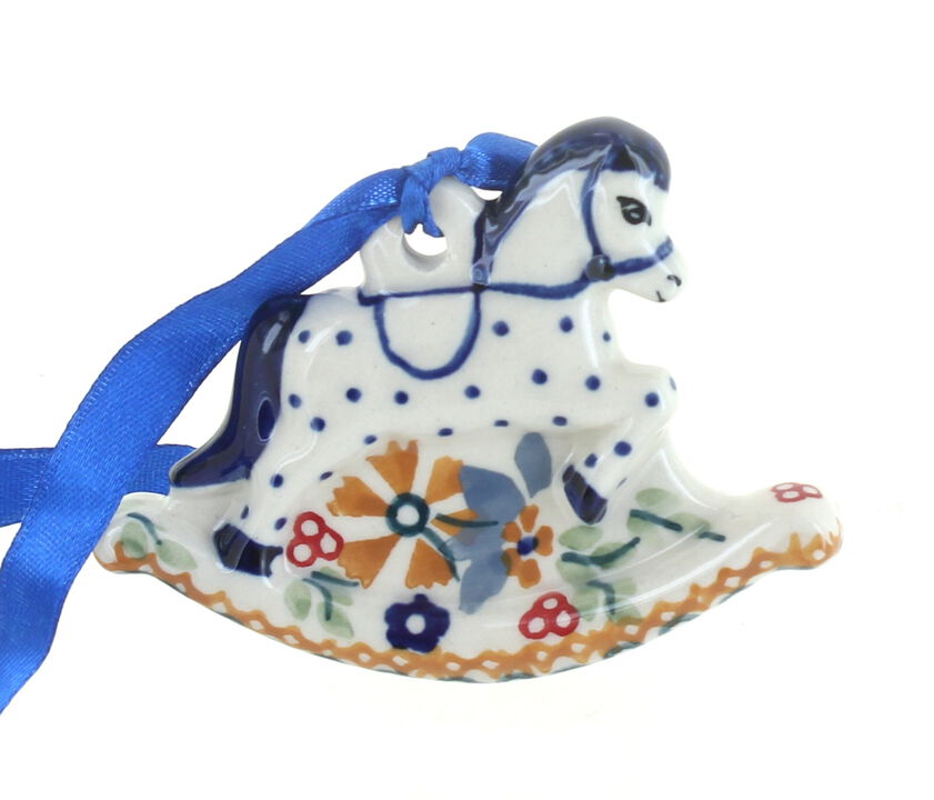 Blue Rose Polish Pottery Red Daisy Rocking Horse Ornament