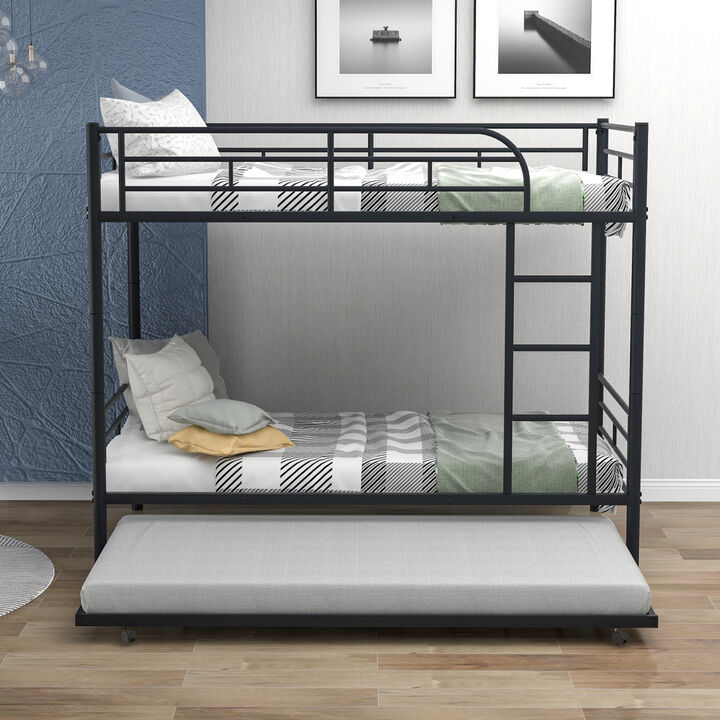 Twin-Over-Twin Metal Bunk Bed With Trundle, Can be Divided into two beds, No Box Spring needed, White
