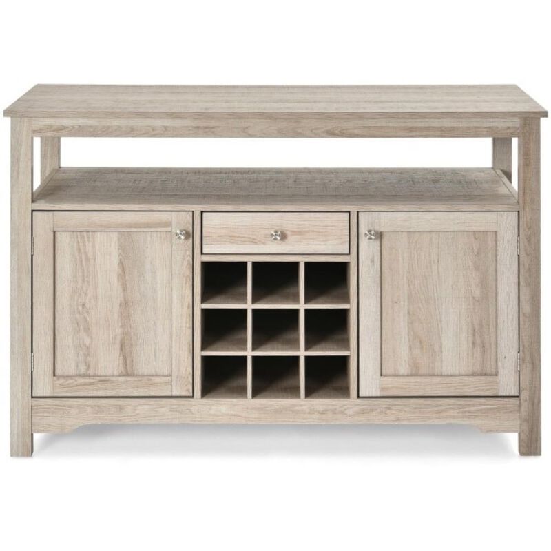 Hivvago Gray Oak Buffet Server 9 Bottle Wine Cabinet Console