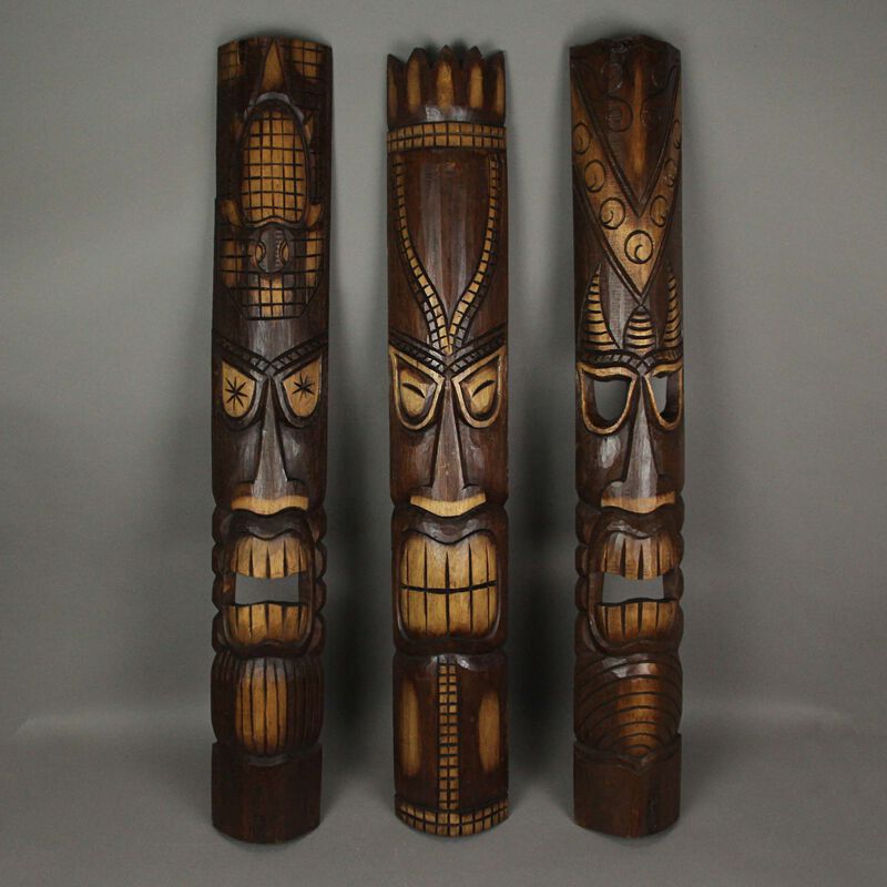 40 Inch Hand Carved Tiki Mask Wall Decor Tropical Beach Home Hanging Art Set / 3 image number 2