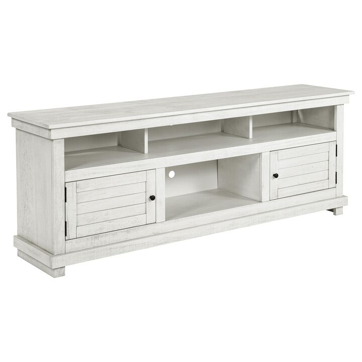 Ayne TV Stand Media Cabinet, 2 Doors and 4 Shelves, White Wood 70 Inch - Benzara