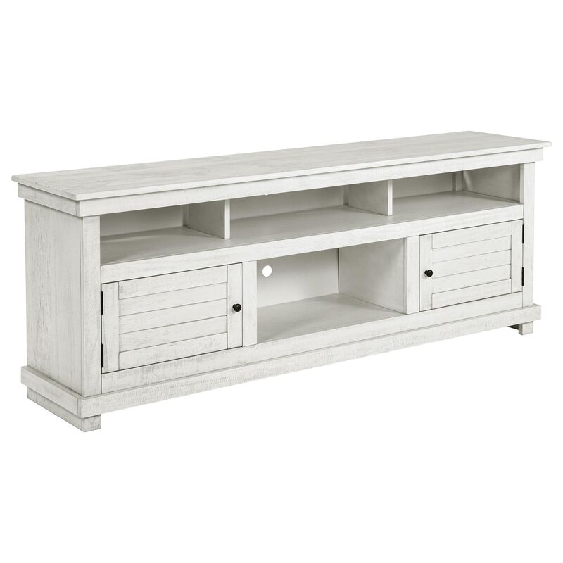 Ayne TV Stand Media Cabinet, 2 Doors and 4 Shelves, White Wood 70 Inch - Benzara