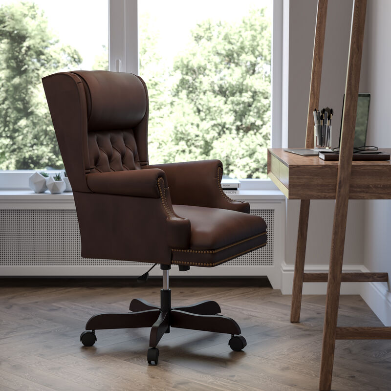 Ainslie High Back Traditional Tufted Brown LeatherSoft Executive Ergonomic Office Chair with Oversized Headrest & Nail Trim Arms image number 1