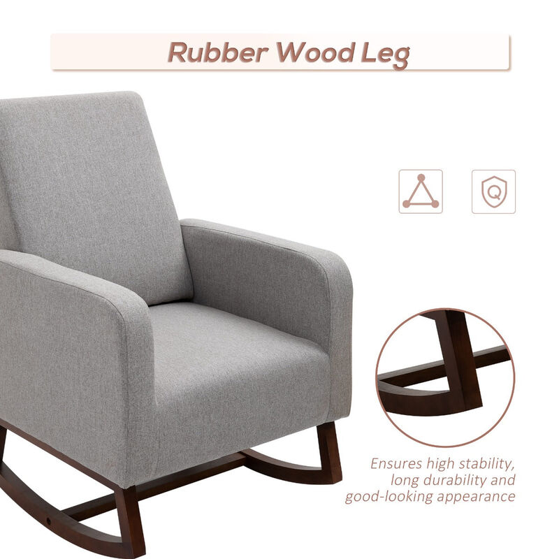 Gray Linen Lounger: Accent Rocking Chair with Solid Wood Base