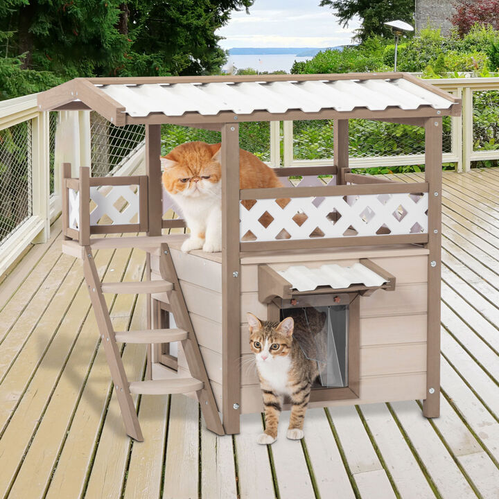 Feral Cat House Outdoor Indoor Kitty Houses with Durable PVC Roof, Escape Door, Curtain and Stair,2 Story Design Perfect for Multi Cats