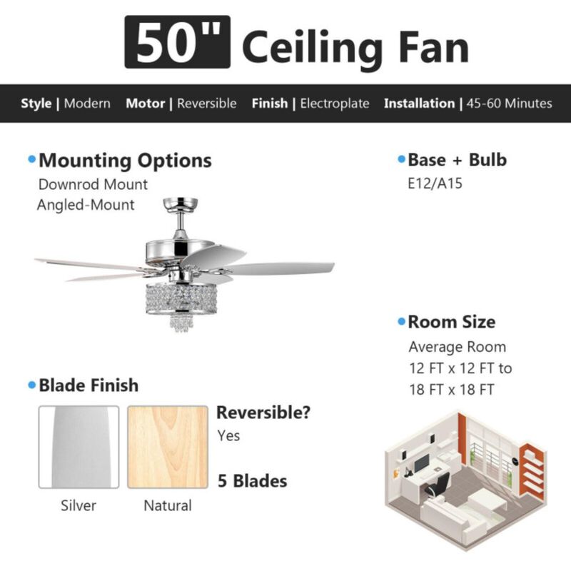 Hivvago 50 Inch Electric Crystal Ceiling Fan with Light Adjustable Speed Remote Control-Silver