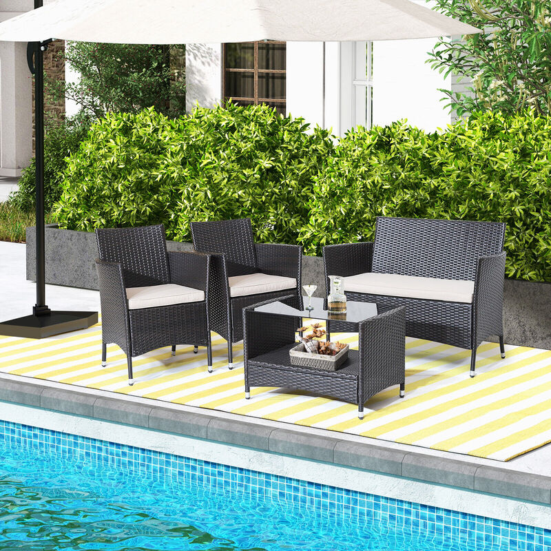 4 Pieces Patio Conversation Set with Soft Cushions and Tempered Glass Tabletop