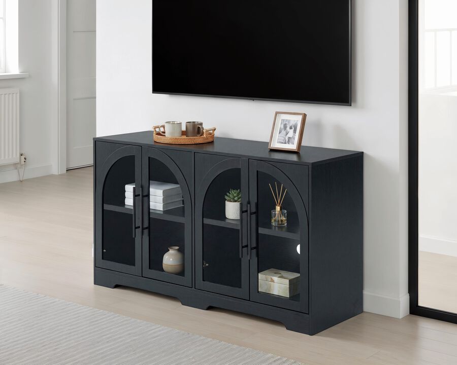 4‑Door Arched Glass Storage Sideboard, Rustic Buffet Storage Cabinet for Living Room Entryway