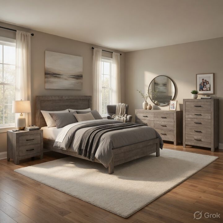 Queen Size Bedroom Set, Traditional Carved Wood Design, Gray Finish, 4-Piece Set with Bed, Nightstand, Dresser and Chest