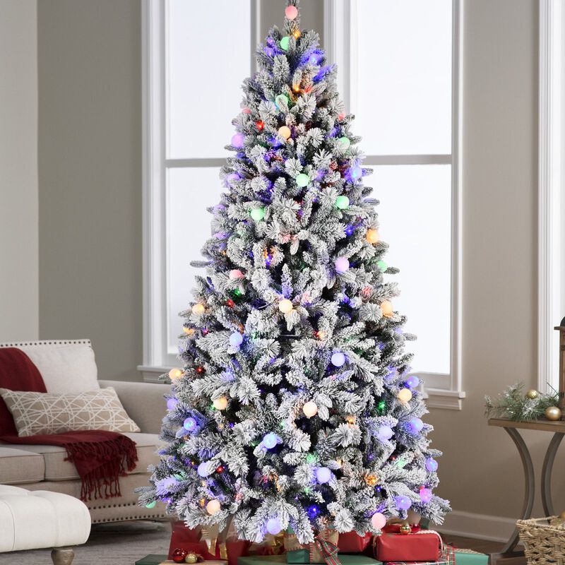 7.5 ft. Flocked Christmas Tree with LED Lights 1523 Tips Memory Wire Hinged with Metal Stand