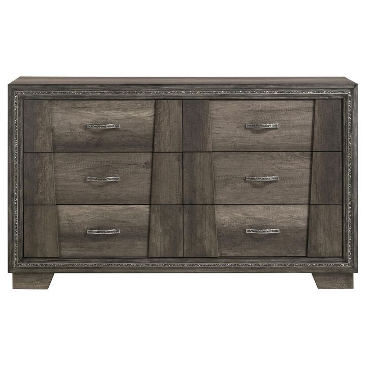 Benjara Janie 62 Inch Wide Dresser with 6 Drawers, Felt Lining, Pine Wood, Gray Brown