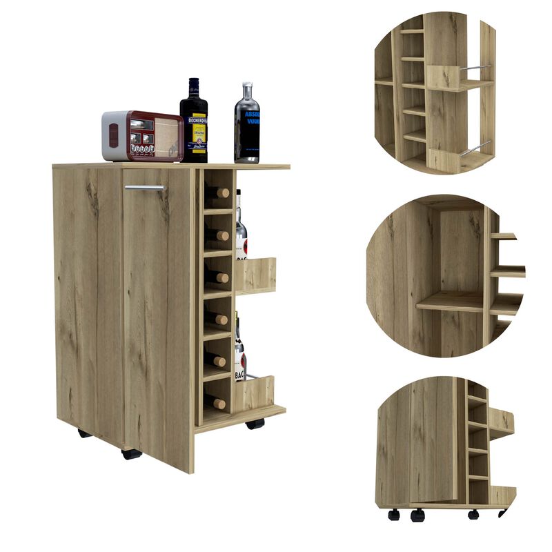 DEPOT E-SHOP Magda Bar Cart, Four Casters, Six Built-in Wine Rack, Single Door Cabinet, Two External Shelves, Light Oak