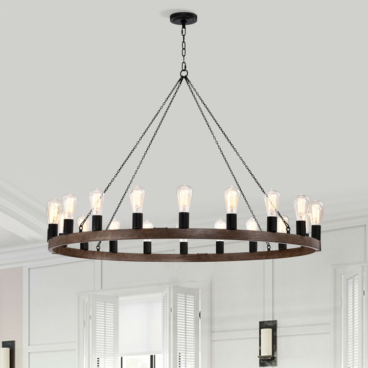 Jesusa 20-light Antique Black and Faux Wood Metal Round Chandelier