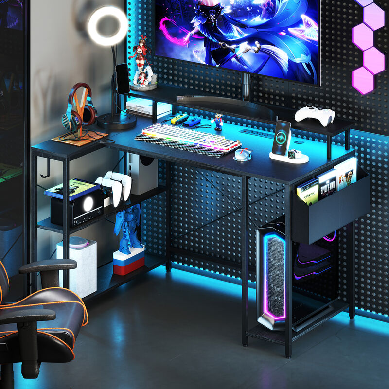 Corner L-Shaped Gaming Computer Desk with LED Lighting and Power Outlets