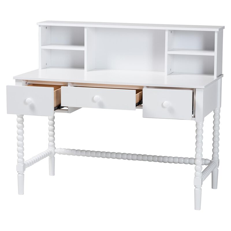 Baxton Studio Archwood Writing Desk with Hutch - 3-Drawer Wood Desk with Bobbin Design for Home Office or Bedroom Workspace, White image number 2
