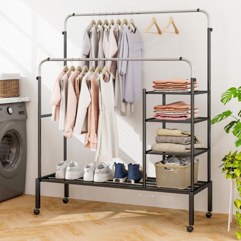 Hivvago Rolling Double Rods Garment Rack with Height Adjustable Hanging Bars