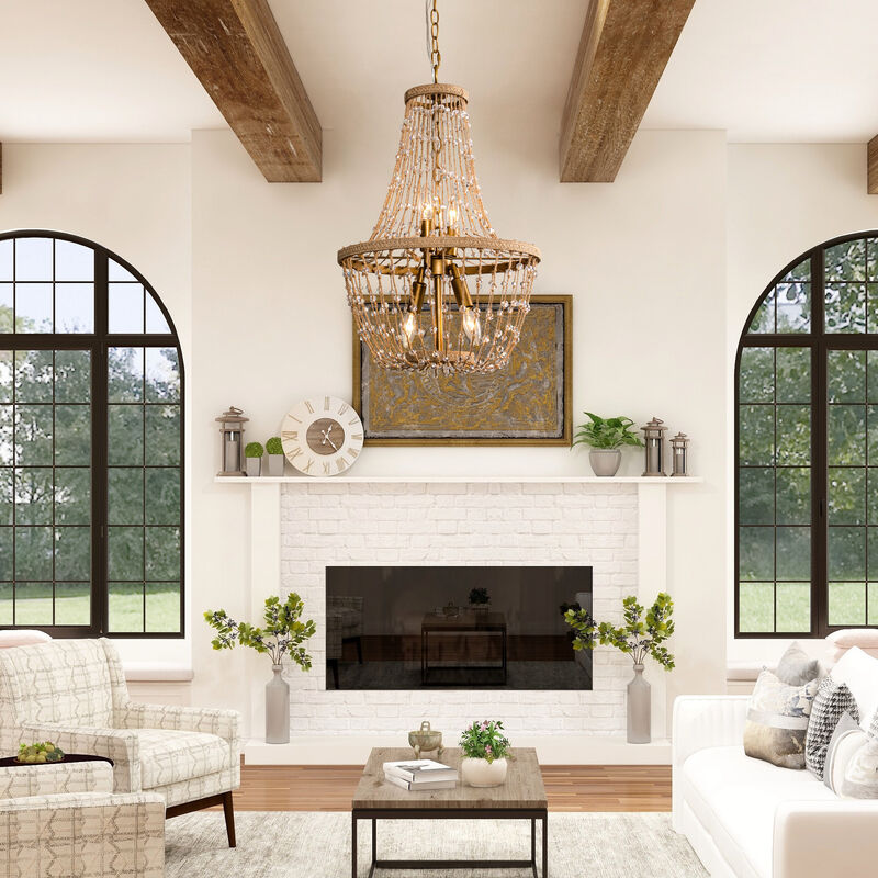 4-Light Farmhouse Handmade Hemp Rope Wood Chandelier