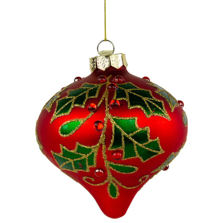 4.5" Red Glass Christmas Ornament with Holly Leaves