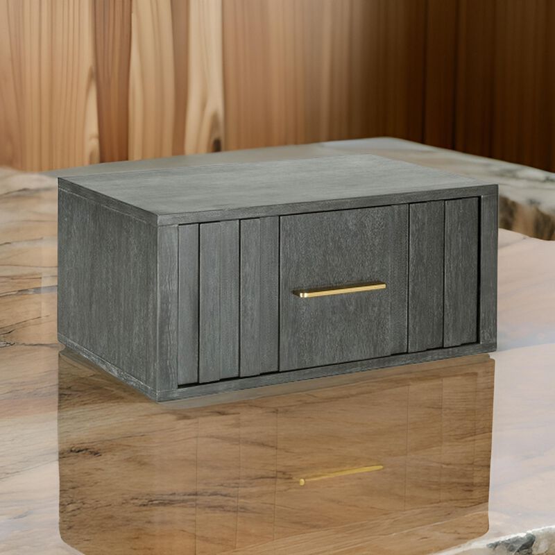 Cid Lime 27 Inch Nightstand, 1 Drawer, Brass Handles, Acacia Wood, Gray - Benzara