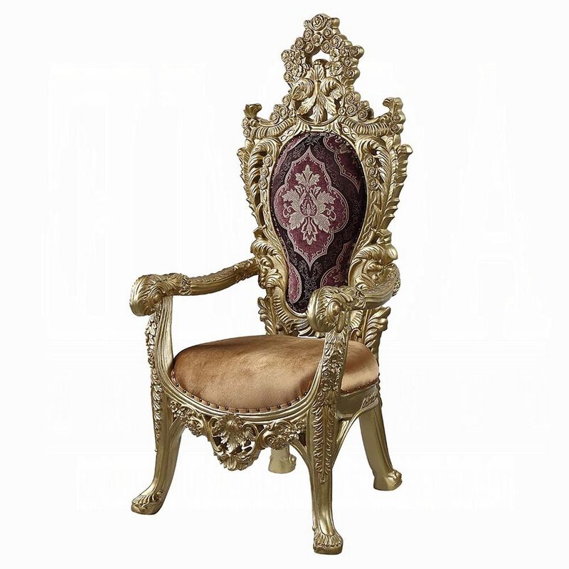 Rexx Dining Armchair Set of 2, Crown Top, Nailhead Trim, Gold and Red - Benzara image number 3
