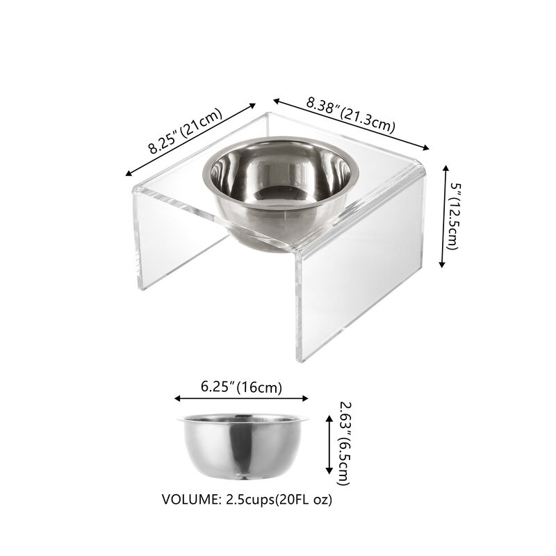 Keaton Modern Acrylic Rectangular Elevated Pet Feeder with Stainless Steel Bowls