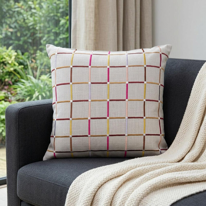 HomeRoots 24" White Check Cotton Blend Throw Pillow With Embroidery image number 1