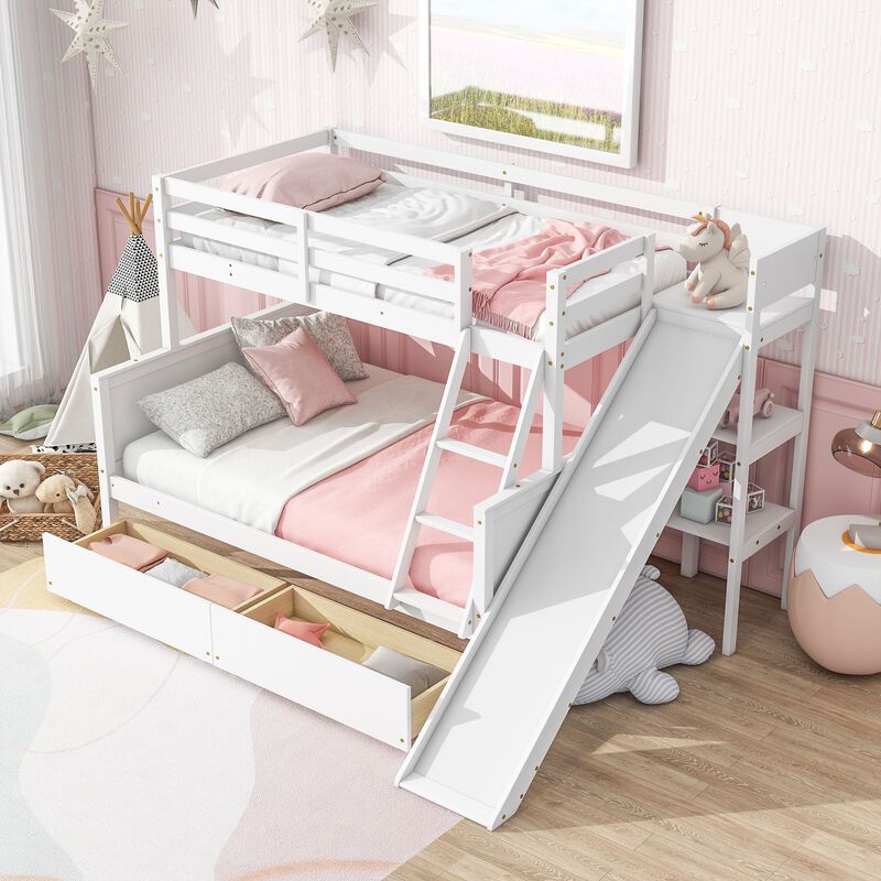 Whisen Twin over Full Rubber Wood Bunk Bed with 2 Drawers, Slide, Shelves and Ladder - White