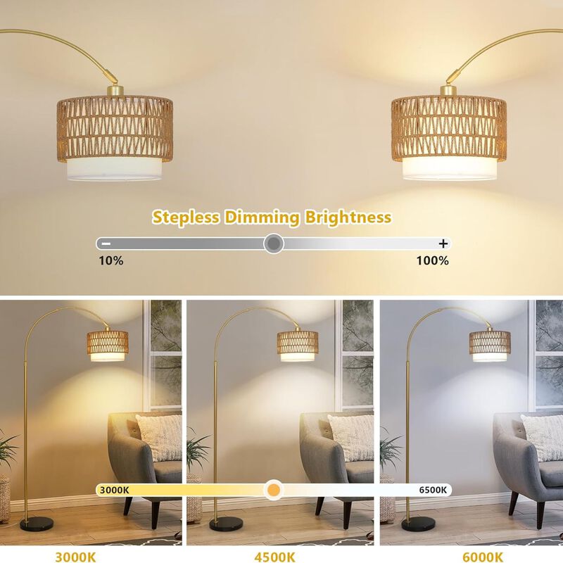 ELEMENT ACE Adjustable Height Arc Floor Lamp with Dimmable LED Bulb, Remote & Foot Switch Control, Rattan & Linen Shades, Tall Standing Lamp for Living Room Bedroom image number 6