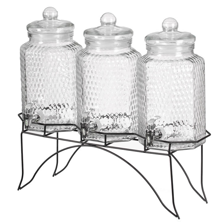 Basicwise 3-Piece Glass Drink Dispenser Set with Metal Stand and Stainless Steel Spigot - Beverage Dispensers for Lemonade, Juice, Water, Iced Tea, and Punch - Ideal for Tea Party and Other Occasions