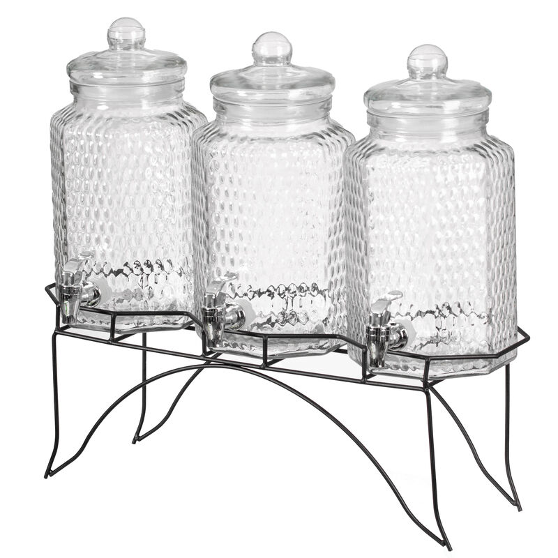 Basicwise 3-Piece Glass Drink Dispenser Set with Metal Stand and Stainless Steel Spigot - Beverage Dispensers for Lemonade, Juice, Water, Iced Tea, and Punch - Ideal for Tea Party and Other Occasions