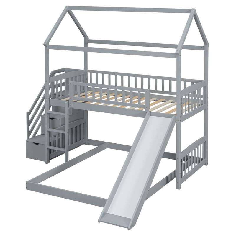 Whisen 77.4"x41.6" Twin Over Full Bunk Bed with Slide, Solid Wood Playhouse for Kids Bedroom image number 5