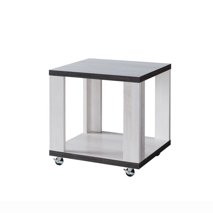 White Oak & Distressed Grey 4-Wheels End Table with 2 Tier Display