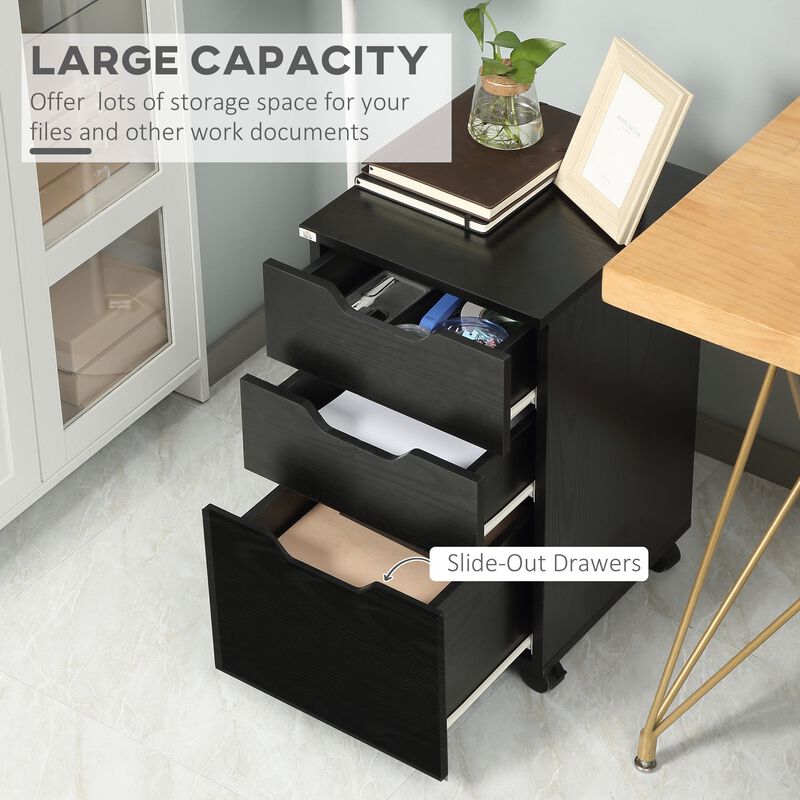 3 Drawer Mobile File Cabinet, Rolling Printer Stand, Vertical Filing Cabinet, Black Wood Grain