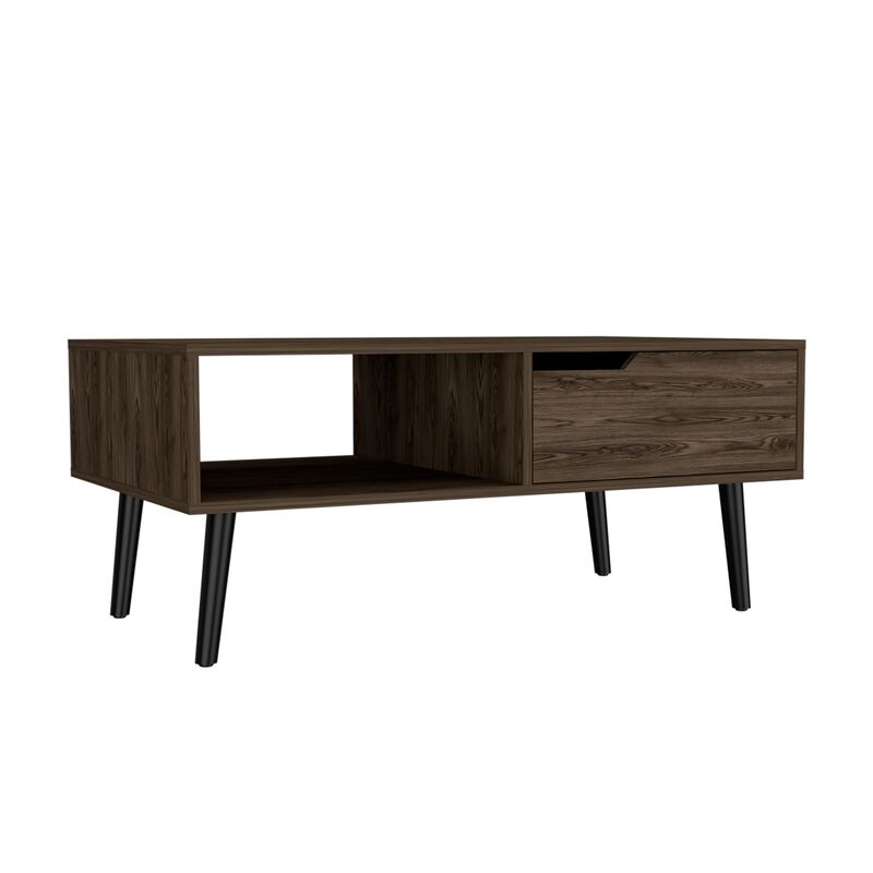 Oslo Coffee Table, One Drawer, One Open Shelf, Four Legs -Dark Walnut